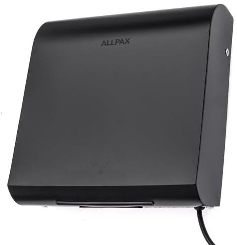 Allpax Händetrockner Slim Schwarz – 100 mm ultraflach, 95 m/s Hochgeschwindigkeit, energiesparend 400–950 W, leiser Handtrockner IPX3, vandalensicher für WC & Gastronomie