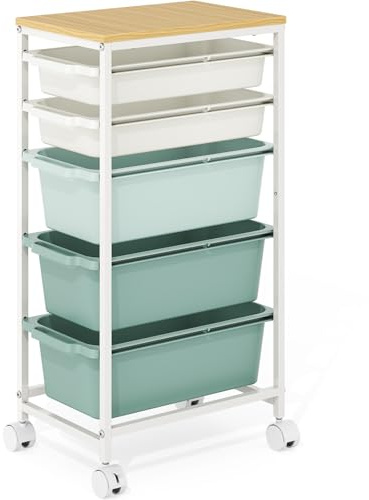 KINGBOARD 5 Drawers Storage Trolley on Wheels, Green | Plastic Drawers, Craft Storage, Under Desk Storage, Rolling Utility Cart, Organizer, Bedroom, Office