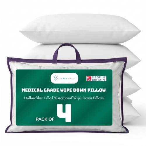 UK Care Direct Medical Grade Wipe Down Pillow – Easy Clean Hollowfibre Filled Pillows for Nursing Homes, Hospitals, and Children’s Beds – 20 x 30 (4 Pack, 74cm x 48cm)