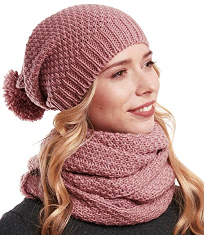 Hilltop Winter Kombi 2er Set aus Winter Schal und passender Strickmütze, Winter Set:Altrosa