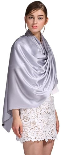 Prettystern Damen Herren festlich Seiden-Stola Crepe Satin Seide uni-farbe Seidentuch bolero Schultertuch für Abendkleider silber-grau