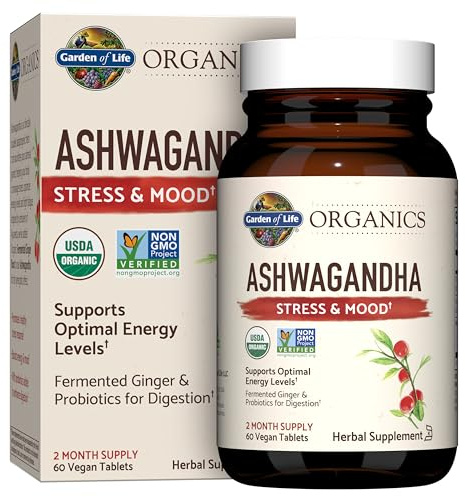 Garden of Life Organic Ashwagandha Supplement with Probiotics & Ginger - Stress, Mood & Energy Support, Vegan, Gluten Free, Non GMO, 2 Month Supply, 60 Tablets