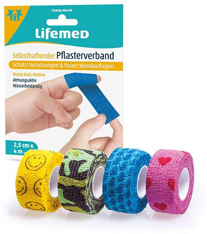 Selbsthaftender Pflasterverband 4 m x 2,5 cm mit 4 Kids-Like Motiven - schützt Verletzungen & fixiert Wundauflagen, 3er Pack (3 x 1 Stück)