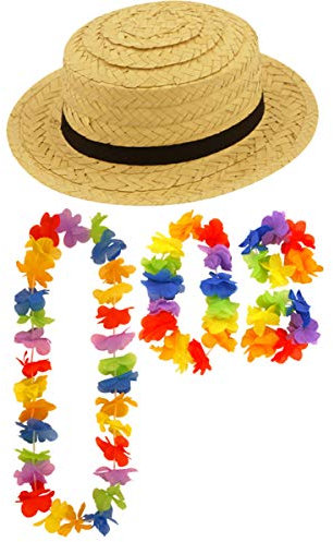 labreeze Adults Straw Boater Hat 4Pcs Lei Set Hawaiian Summer Beach Party Fancy Dress