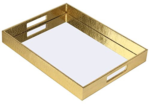 Vixdonos Decorative Mirror Tray Bathrooom Vanity Tray Leather Serving Tray for Breakfast on Coffee Table(Large, Gold)