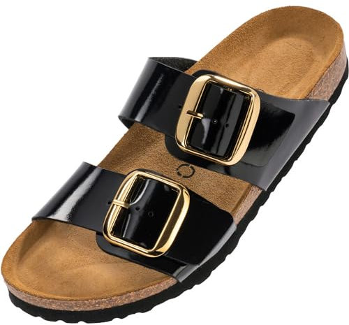 Palado Pantoletten Damen Samos GS - bequeme Sandalen Made in Spain - Hausschuhe mit dämpfendem Kork-Fußbett - modische Sommerschuhe Lack Schwarz UK7 - EU40