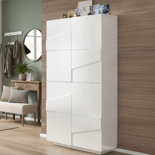 Dmora - Étagère à chaussures Orfeo, Armoire polyvalente avec 4 portes battantes, Étagère à chaussures d'entrée, 100% Made in Italy, 81x38h167 cm, Blanc brillant