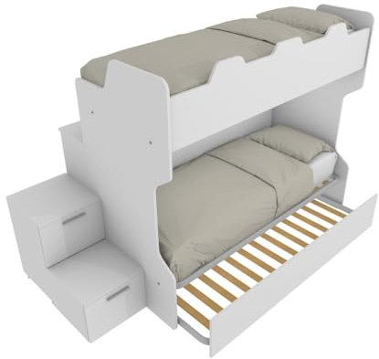 MOBILFINO CAMERETTE Smarttb Etagenbett mit Retro-Leiter mit freistehender Schublade – Weiß mit ausziehbarem Bett