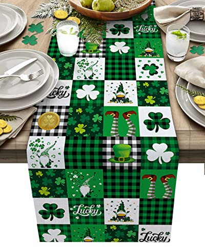 HELLOWINK St. Patrick's Day Lucky Clover Tischläufer, 183 cm lang, irisches grünes Karomuster, Baumwolle, Leinen, Tischdecke, Kommode, Schals für Partys, Hochzeit, Kaffee/Esstisch, Heimdekoration