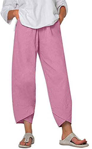 ZHINIAN Pantaloni da donna in cotone e lino a gamba larga Pantaloni da spiaggia leggeri in vita elastica Pantaloni da spiaggia estivi taglie forti, B rosa, XXL