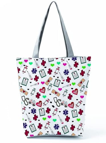 INN Bolso de enfermera de lona de algodón, bolsa de la compra, bolsa de tela, bolsa de algodón con estampado de dibujos para enfermería, trabajo diario, 42x34cm (corazonesverdes)