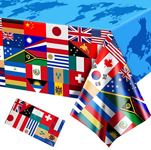 Runmeihe Plastic Rectangle International World Flag Table Cloth, Disposable and Recyclable Table Cover for International Communication Theme Kids Party Indoor Outdoor Decorations（7.2×4.2ft）