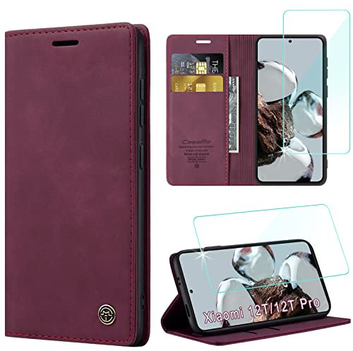 Yohii Handyhülle für Xiaomi 12T / 12T Pro 5G Hülle mit Schutzfolie, Premium PU Leder Wallet Tasche Kartensteckplätzen Magnetverschluss Standfunktion Flip Case für Xiaomi 12T Pro - Wein Rot