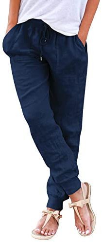 Hose Damen Sommer Casual Baumwolle Leinen Stoffhose Einfarbig Freizeithose Stretch Leicht Leinenhose Straight Leg Hose und Taschen (Z Navy blau, L)