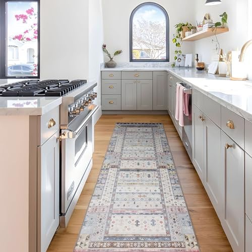 TALETA Teppich Läufer Flur, Küchenläufer waschbar in Waschmaschine, Teppich Küche rutschfest, Vintage Teppich Läufer für Flur, Küchen, Eingang, Teppich blau, 80 x 300 cm