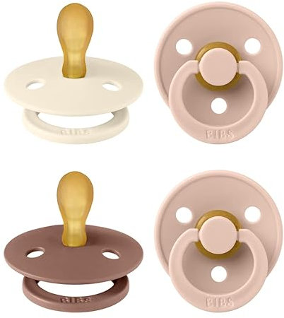 BIBS Colour Symmetrical, Lot de 4 sucettes, sans bisphénol A, Téterelle symétrique. Latex de caoutchouc naturel, Fabriqué au Danemark. 0-6 mois (lot de 4), Blush Mix
