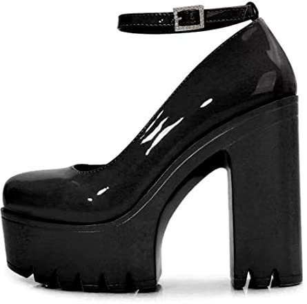 Goth Platform Crystal Ankle Strap Round Toe Pumps Hook Block Chunky Block High Heels Fashion Dress Shoes Evening Mary Jane Shoes Wrap Toe Sexy Party Dress Shoes for Women Comfy Stylish and Glaring