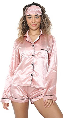 True Face Womens Pyjamas Ladies Satin Pyjama Set Women Pjs Shorts Silk Nighty Sleepwear Long Sleeve Button-Down Shirt Girls Nightwear Loungewear Top Bottom Pink - With Eye Patch L