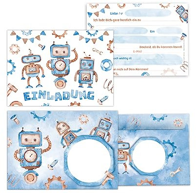 12 Einladungskarten incl. 12 Umschläge zum Kindergeburtstag Junge Roboter Einladungen zum Geburtstag Kinder Einladungsset Motto-Party