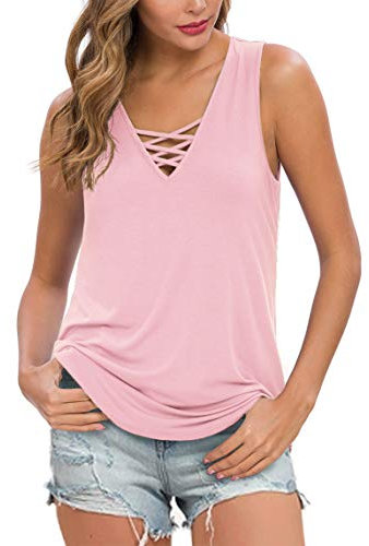 Ninee Damen Sommer ärmellose Criss Cross Casual Tank Tops Basic Bluse (Pink,Large)