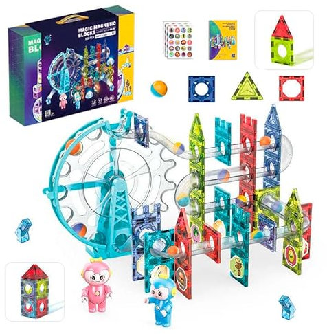 CELMAN Magnetische Bausteine 120 Teile Magnete Bauklötze Murmelbahn mit Zubehör, Montessori Spielzeug, Magnet Kugelbahn für Kinder ab 3 4 5 6 7 8 Jahre STEM Lernspielzeug Geschenk