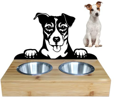 LEFEVRE PARIS • Jack Russell Terrier dog bowl holder in epoxy metal. 2 stainless steel bowls included. Food/Water. Length 350 mm, Height 255 mm. Made in France