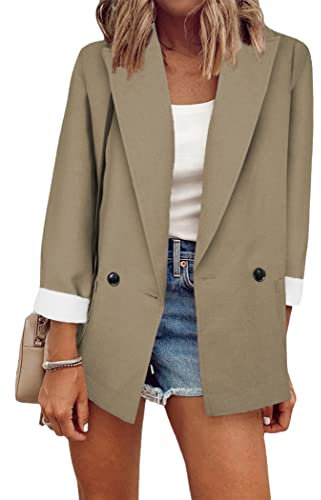 OMZIN Damen Reverskragen Kragen Offene Business Taschen Arbeit Büro Anzug Blazer Jacke Anzug Khaki M