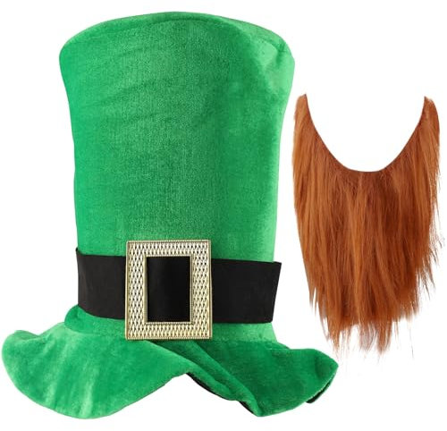 St. Patrick's Day Zylinder, Grüner Hut mit Bart St. Patrick's Day Zubehör Partygeschenke Goldener Knopf St. Patricks Day Kostüm Irische Partykleidung für Damen und Herren, Hut für Kobold