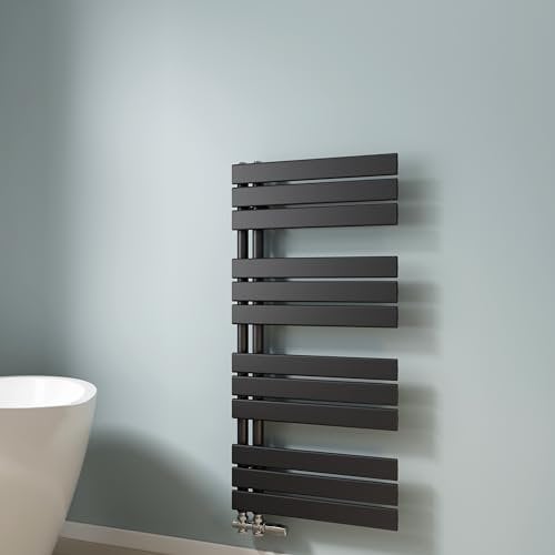 EMKE Scaldasalviette termoarredo piatto, Termoarredo da Bagno, 1041 x 500 mm, Nero colore, collegamento laterale, 529W, radiatore scaldasalviette ad acqua calda