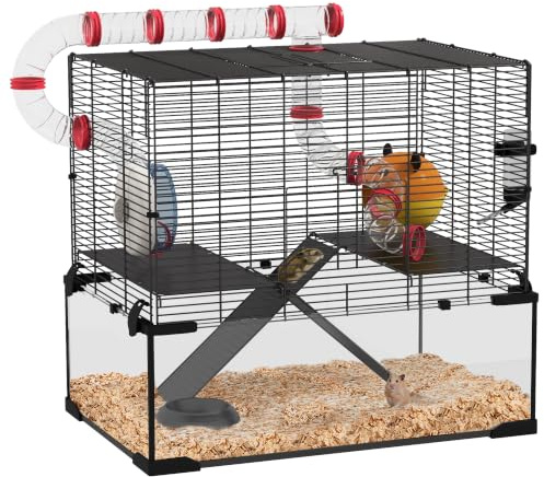 PawHut Hamsterkäfig Rennmaus Käfig mit tiefem Glasboden Tunnel rutschfeste Rampen Plattformen Hütte Laufrad Wasserflasche Schale für Zwerghamster 60x40x57cm