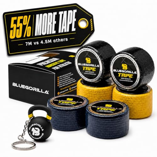 BlueGorilla Elastisches CrossFit Tape (Packung mit 6 Rollen) - Flexibles Sport-Klebeband für Hook Grip und Finger, inklusive Schlüsselanhänger - 3,8 cm x 7 m