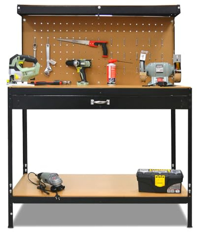 KOMBO – Werkbank aus Stahl mit 2 MDF-Ablagen, 1 Schublade und Lochplatte mit 20 Haken – 150×120×60 cm – Robuste Konstruktion, Platzsparend, Ideal für Garage, Werkstatt und Labor