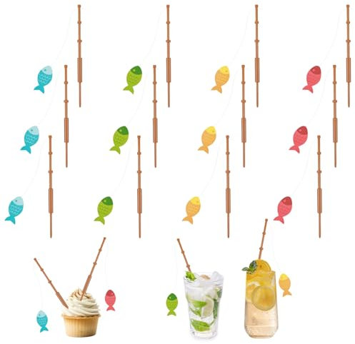 AHQiZFX 20 Pieces Fishing Cake Topper, Mini Fish Pole Decoration Little Fisherman Fishing Pole Picks Fishing Themed Party Supplies for Birthday Party Drink Cake Decoration