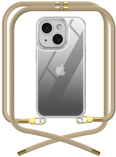 OLEPHY Premium Handykette für Apple iPhone 14 Hülle mit Band | Transparente Handyhülle mit hochwertiger Abnehmbarer Kordel zum Umhängen - Smartphone Necklace [Golden]