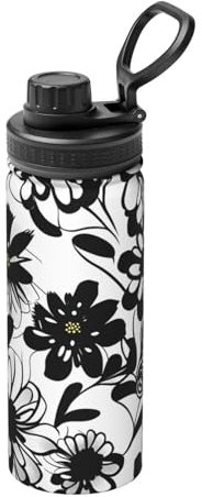 Yqxwjl Botella de agua con flores blancas y negras estampadas 525 ml botella de acero inoxidable botella de agua deportiva para hombres y mujeres