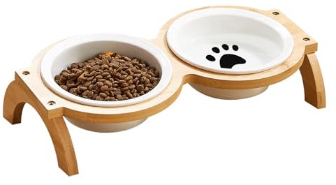 GmeDhc Lot de 2 gamelles pour chat en céramique avec support en bois - Gamelle en céramique - Gamelle pour chat et chien