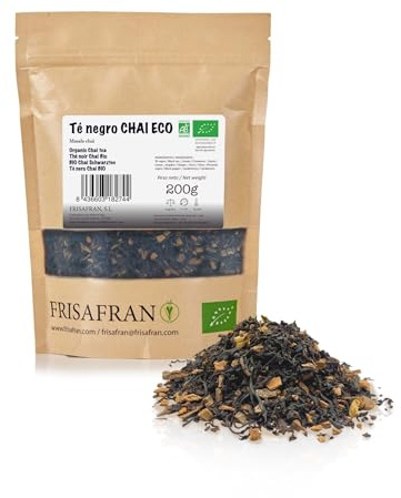 FRISAFRAN | Thé noir Chai en vrac Bio 200g | Antioxydant | Énergisant | Anti inflammatoire | détox | décaféiné | naturel | sans additifs | thé aux épices | Mélange instantané de poudre de thé chai