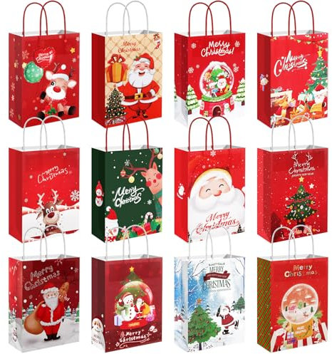 UPINS 12 Stück Weihnachtsgeschenktüten, Weihnachtstaschen aus Kraftpapier Wiederverwendbare Weihnachtstaschen mit Griffen Papier-Treat-Boxen für Weihnachtsgeschenke, Partydekorationen