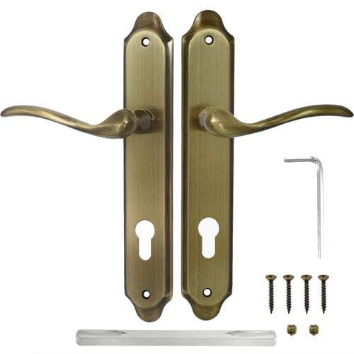 ALSTEN TECH Langschild Drückergarnitur 72 PZ - Profilzylinder Türgriff Türklinke aus Messing Beidseitige Federunterstützung Inbusklemmung Hochwertiger Türbeschlag Ausführung Patina - Altgold