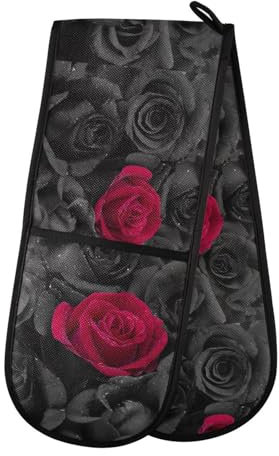 Guantes de horno dobles resistentes al calor, color negro, rojo, rosa, guantes dobles para horno, soporte para ollas, protección contra el calor, guantes de horno para el hogar, cocina, hornear,