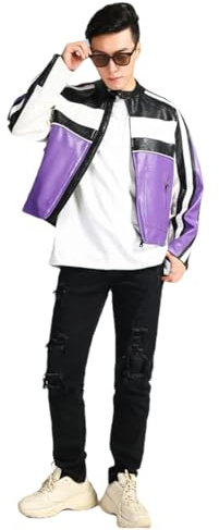 Giacca da motociclista da uomo con colletto alla coreana, a maniche lunghe, in pelle sintetica, con cerniera, Viola, XL
