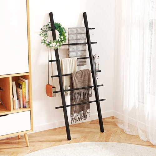 Baoz Blanket Ladder, 6-Tier Blanket Ladders for The Living Room, Blanket Holder with Metal Hooks, Wall-Leaning Blanket Rack for Living Room Bedroom Home Decor Ladder Shelves, Black