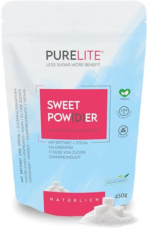 PURELITE Dolce in polvere naturale, vegano, sostituto dello zucchero 1:1, 450 g, dolcificante senza calorie da eritritolo e stevia senza zucchero, alternativa naturale allo zucchero, senza calorie