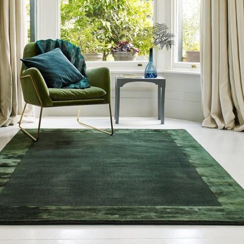 Ascot Teppich für Wohnzimmer Schlafzimmer weiche Wolle, einfarbig, handgewebt, Hochglanz-Viskose, Bordüre, Grün, Größe S, 80 x 150 cm