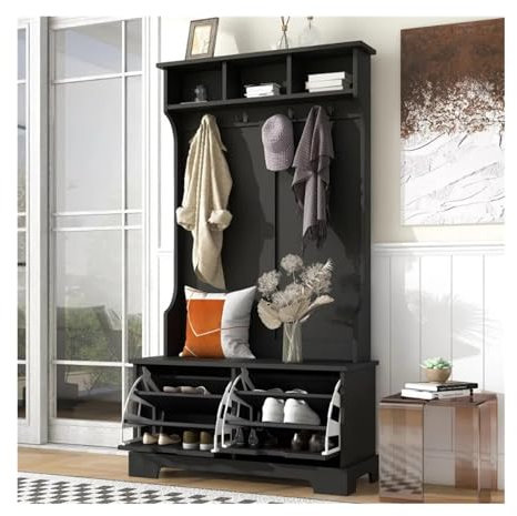 xiuling4568 Etagere Chaussure Grand Arbre d'entrée de 70,8 Pouces avec Banc de Rangement et Porte-Manteau, 2 tiroirs de Rangement for Chaussures, 4 Crochets, 3 étagères, Blanc Range Chaussures(Noir)