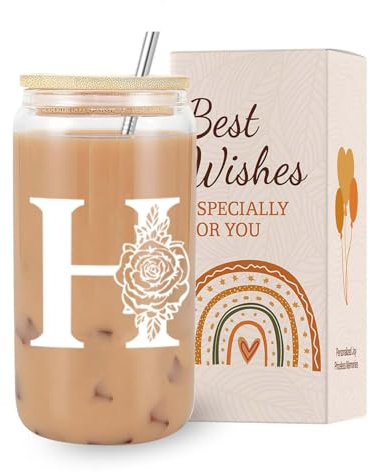 VivaJoy A-Z Initial Personalised Birthday Gifts for Women - Monogrammed Gifts for Women,Initial Letter H,Glass Cups with Lids Straws, Christmas or Birthday Gifts for Her,Mum,Friend,Sister（Letter-H）