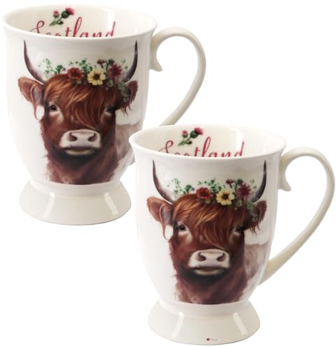 I LUV LTD Ceramic Mug with Scottish Highland Coo with Flowers Watercolour Painting, Set of 2