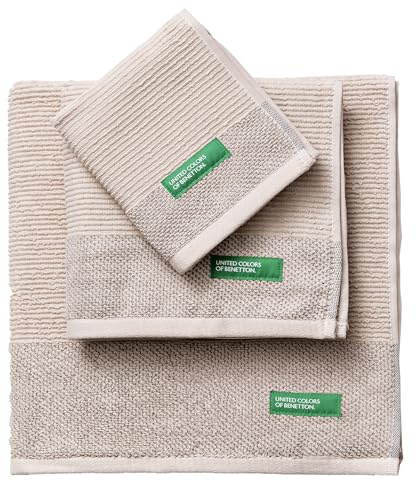 Benetton 3-teiliges Badetuch-Set (30 x 50 + 50 x 90 + 70 x 140 cm), 450 g/m², 100% Baumwolle, Beige
