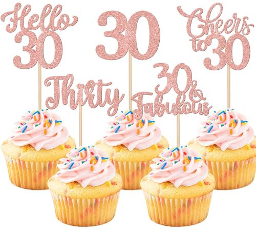 Xsstarmi 30 Pack Happy 30th Birthday Cupcake Toppers Glitter Hello 30 Fabulous Thirty Birthday Cupcake Picks Cheers to 30 Years Cake Decorations for Happy 30th Birthday Party Supplies Rose Gold