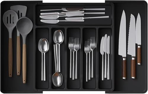 Cutlery Drawer Organiser, Expandable Kitchen Drawer Organiser, Silverware Organizer Cutlery Tray Utensil Organisation for Forks Spoons, Flatware Organizer for Drawer with 6-8 Compartment Holders